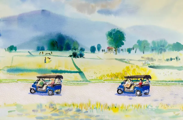 Akvarell Målning Landskap Papper Färgglada Tuk Tuk Taxi Turist Resa — Stockfoto