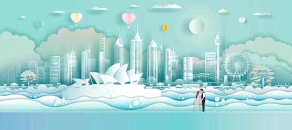 Travel Opera House Australia Landmarks Love Balloons Couple Paper Art — Stock Vector