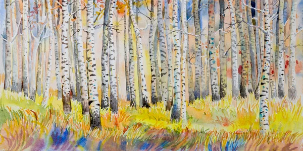 Watercolor painting colorful autumn trees. Semi abstract image of forest, aspen trees mountain, yellow - red leaf. Autumn, Fall season nature background. Hand Painted Impressionist, outdoor landscape