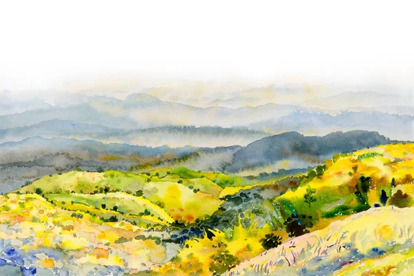 Acuarela Paisaje Pintura Panorama Colorido Árbol Belleza Natural Montaña Campo — Foto de Stock