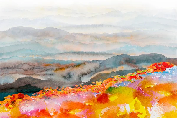 Peinture Abstraite Aquarelle Paysage Panorama Coloré Arbre Naturel Montagne Dans — Photo