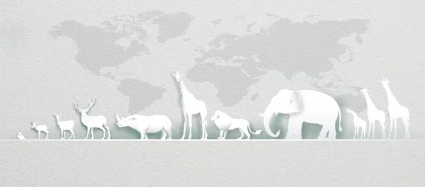 Dia Mundial Dos Animais Com Cervos Mapa Mundo Elefante Leão —  Vetores de Stock