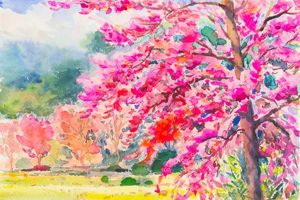 Acquerello Dipinto Paesaggio Originale Colorato Wild Himalayan Cherry Sulla Montagna — Foto Stock
