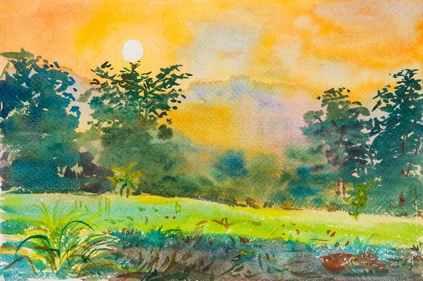 Watercolor Original Landscape Painting Colorful Sunset Scenery Forest Meadow Emotion — Stock Photo, Image