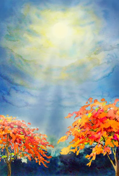 丘の山の上に孔雀の花の木と水の色の赤い花の絵画春の風景は 抽象的な概念 イラストの絵画や月の光の空の雲の背景来る 手描きの印象派 抽象的なイメージ — ストック写真