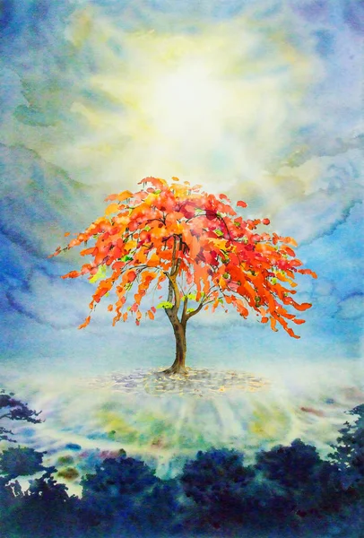 丘の上に孔雀の花の一本の木と水の色の赤い花の絵画春の風景は 抽象的な概念 イラストの絵画や太陽の光の空の雲の背景来る 手描きの印象派 抽象的なイメージ — ストック写真