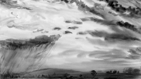 Aquarela Pintura Paisagem Cinza Cor Chuva Nuvem Prado Milheiral Montanha — Fotografia de Stock