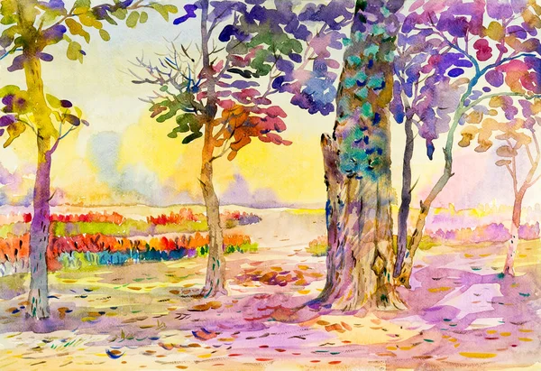 Watercolor painting original landscape yellow, orange purple color of garden flowers in sky and cloud  background