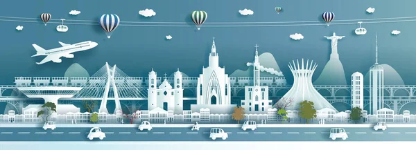 Travel landmarks Brazil architecture modern and ancient in south america, Tour landmark Brasil in rio de janeiro city with cable car and train in panorama cityscape popular capital, paper cut style.