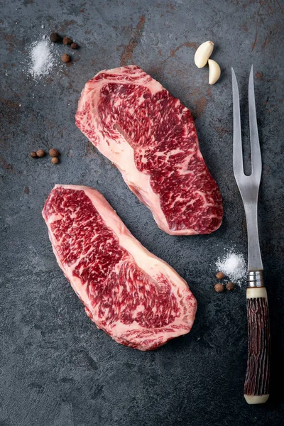 Carne Japonesa Marmorizada Qualidade Premium Wagyu Fundo Pedra Escura Bife — Fotografia de Stock