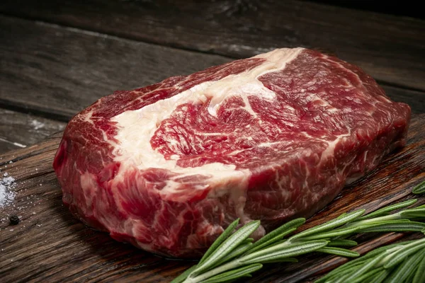Raw Rib Eye Steak Beef Wooden Board Rosemary Thyme Wooden — Stock Photo, Image