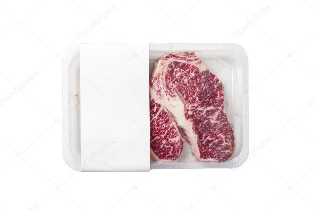 Raw Striploin marbled beef steak vacuum Packed isolated on white, logo mockup