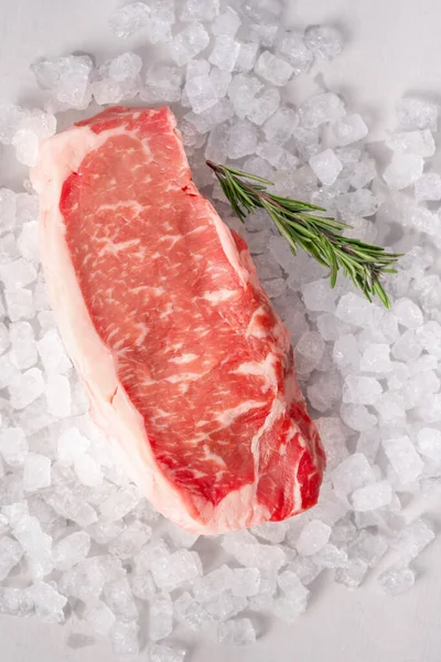 Raw Fresh New York Beef Steak Ice Herbs Rosemary Top — Stock Photo, Image