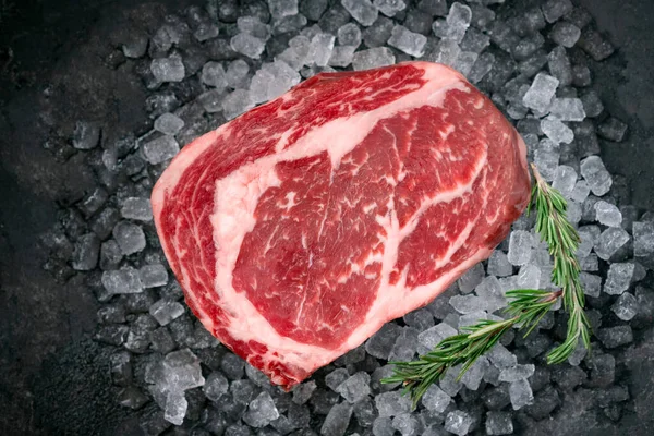 Raw Fresh Rib Eye Beef Steak Ice Herbs Rosemary Top — Stock Photo, Image