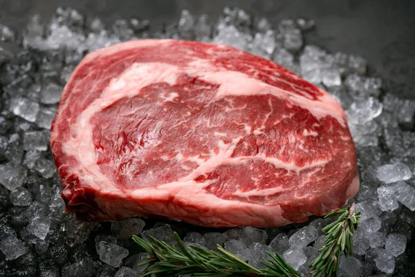 Raw Fresh Rib Eye Beef Steak Ice Herbs Rosemary Top — Stock Photo, Image