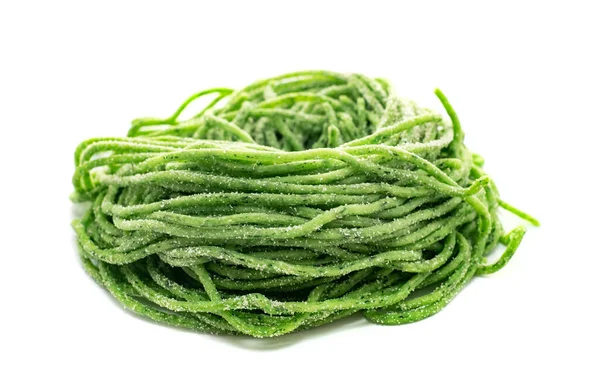 Fresh Raw Bio Spaghetti Pasta Spinach Isolated White Background — Stock Photo, Image