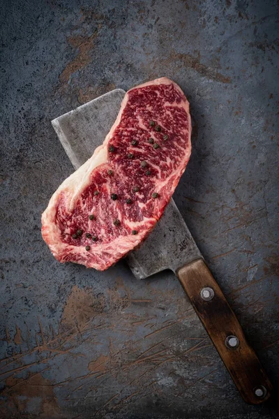 Juicy Raw New York Beef Steak Wooden Meat Axe Stone — Stock Photo, Image