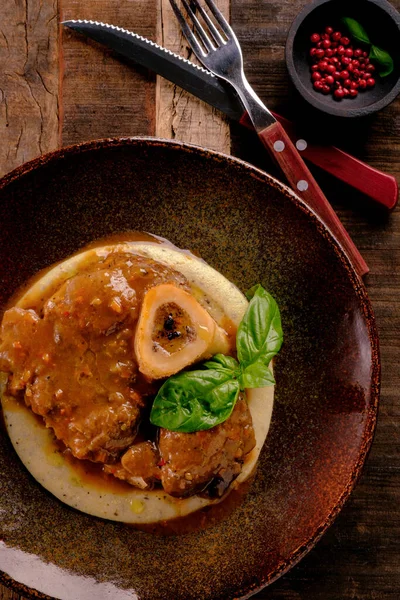 Osso Buko Steak Juicy Gravy Mashed Potatoes Basil Rustic Style — Stock Photo, Image