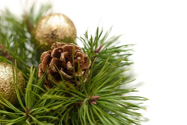 Kerstcompositie Met Weelderige Dennentak Versierd Met Gouden Glitter Dennenappels Glanzende Stockfoto