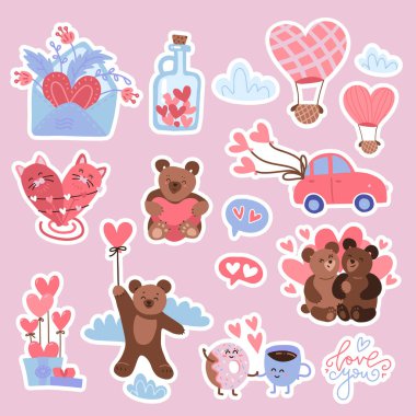 Valentines day set of vector stickers - bear, hearts, bird, balloons . Flat vector hand drawn illustration. vector