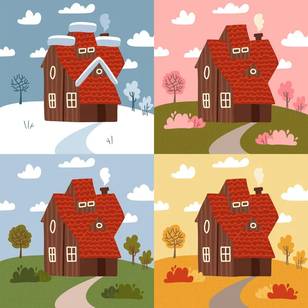 Four seasons - set of flat design style concepts. Modern images with a countryside building and nature landscapes. Summer, spring, winter, autumn parts of the year, weather types. Vector elements.