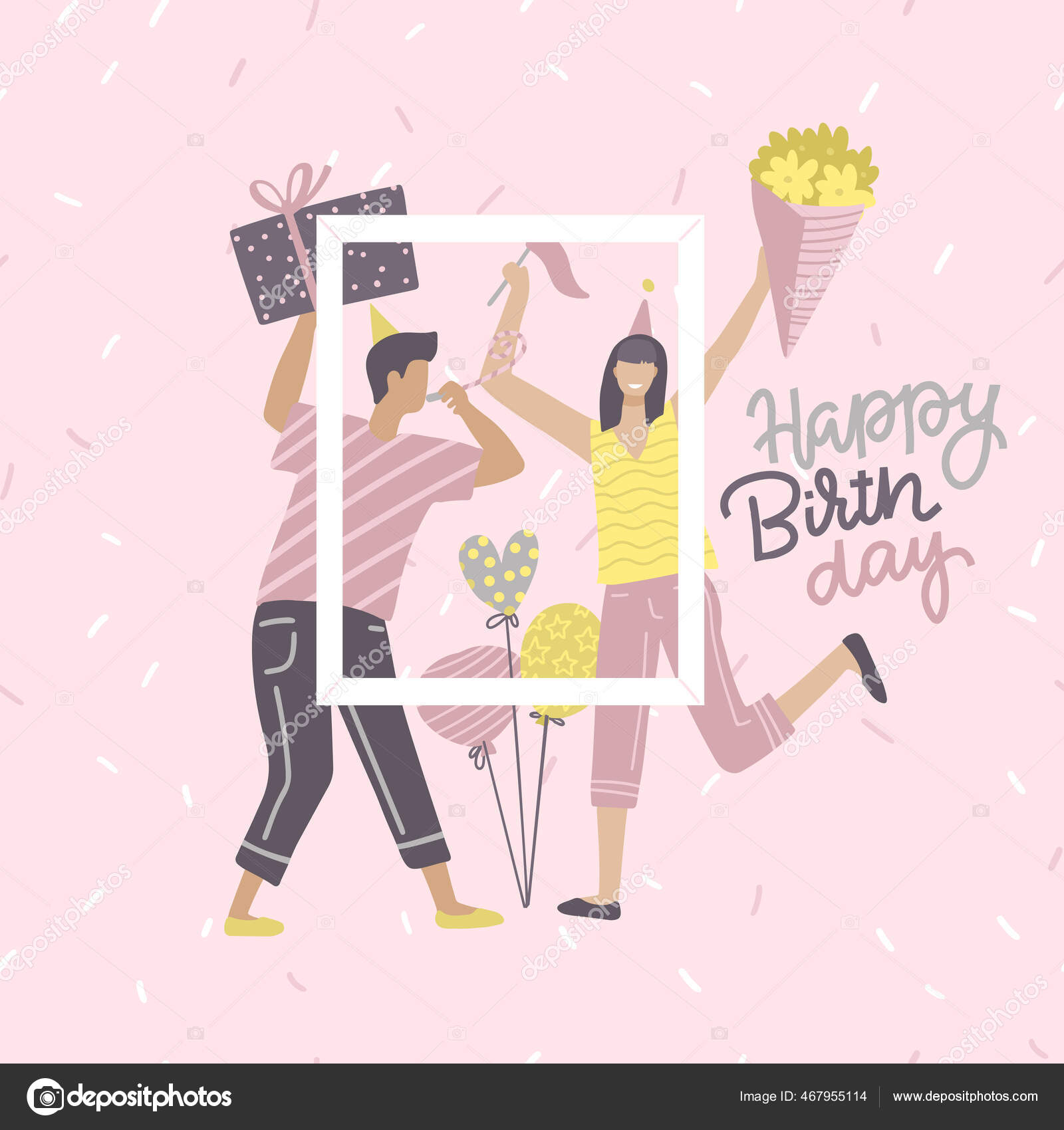 Carte D Anniversaire Yoang Avec Femme Et Homme Tenant Cadeau Et Bouquet De Fleurs Avec Citation