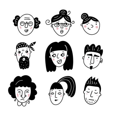 Male and female different funny faces hand drawn in doodle style. Simple vector illustration. vector