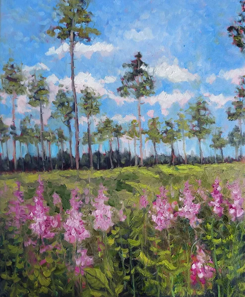 Vertical Sunny forest pine wood trees with fireweeds. Original oil painting on canvas. Field with purple summer flowers . Fine art hand painted impressionism landscape paintings artwork