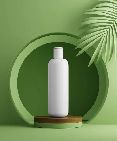 Pedestal geométrico de ilustración 3D con presentación de botella cosmética y hojas de palma. Fondo abstracto. Burla.. — Foto de Stock