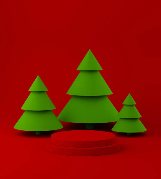 Новый год на пьедестале почета для размещения продукта, минимальные елки на красочном фоне. 3d иллюстрация — стоковое фото