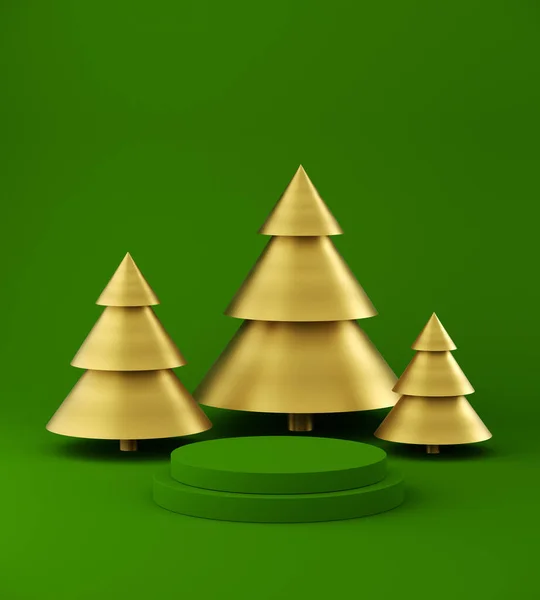 Silvesterpodium für Produktplatzierung, minimale Weihnachtsbäume auf buntem Hintergrund. 3D-Illustration — Stockfoto