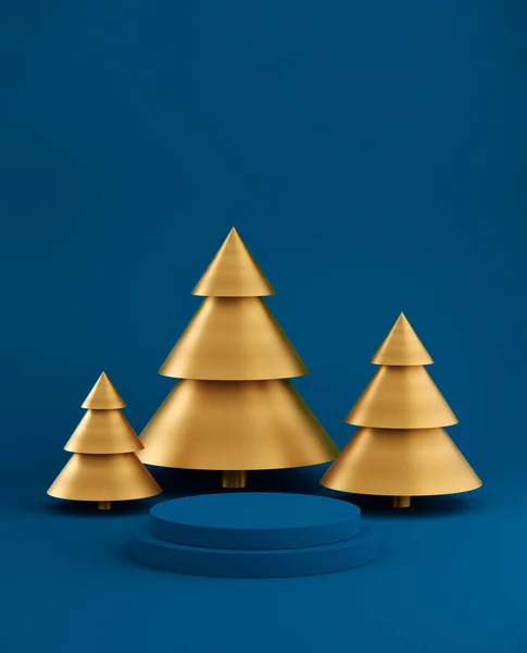 Silvesterpodium für Produktplatzierung, minimale Weihnachtsbäume auf buntem Hintergrund. 3D-Illustration — Stockfoto