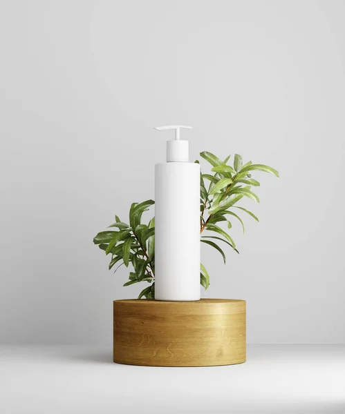 3D illustration geometric pedestal with cosmetic bottle presentation and leaves. White background. Mockup. Stock Image