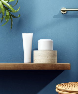 Kozmetik ürünler banyo içi arka planlarını gösteriyor. 3d illüstrasyon