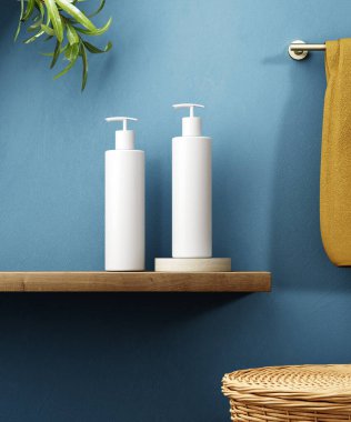 Kozmetik ürünler banyo içi arka planlarını gösteriyor. 3d illüstrasyon