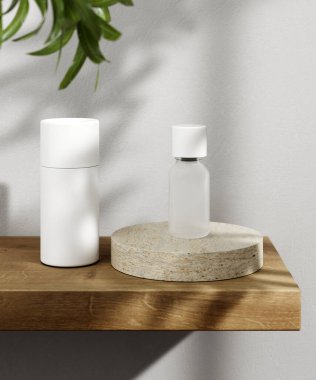Kozmetik ürünler banyo içi arka planlarını gösteriyor. 3d illüstrasyon