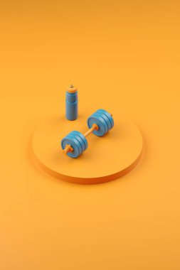 3 boyutlu görüntüleme. Soyut renk minimalist arkaplan tasarımı. Podyumda ağır bir halter uzanıyor. Ortografik izometri biçimi.