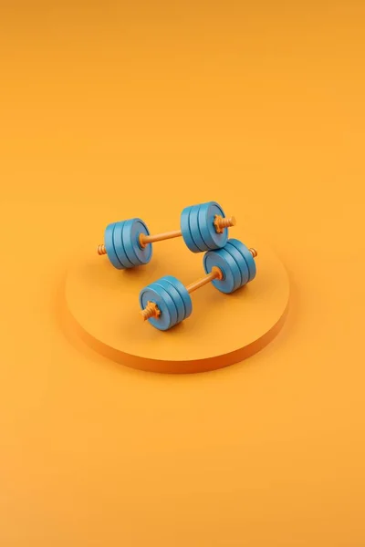 3D render. Diseño de fondo minimalista de color abstracto. Dos pesas en el podio circular del gimnasio. — Foto de Stock