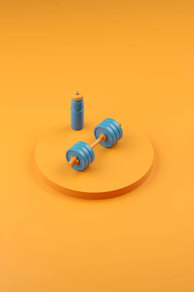 3d render. Abstract color minimalistic background design. A heavy dumbbell lies on the podium. Orthographic projection isometry style. Stock Photo