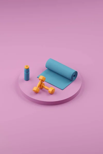 3d render. Abstract color minimalistic background design. Womens dumbbells for strength training, a yoga mat and a flask in the gym. Royalty Free Stock Photos