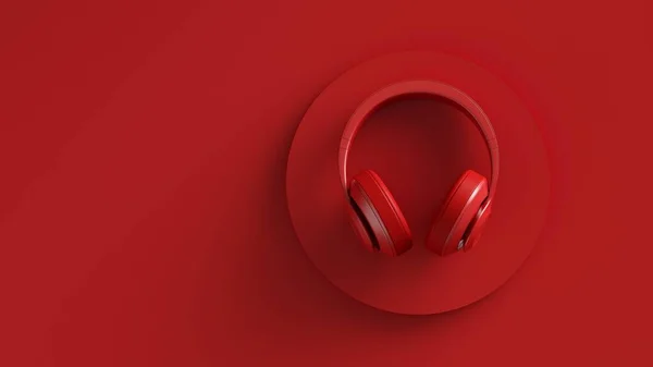 Flat lay imagem de fones de ouvido sem fio vista superior. Projeto de cor sólida de fundo vermelho. ilustração 3d — Fotografia de Stock