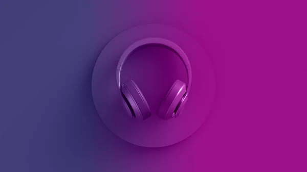 Neon färg bild av trådlösa hörlurar ovanifrån. Rosa violett glödande bakgrund design. 3D-illustration — Stockfoto