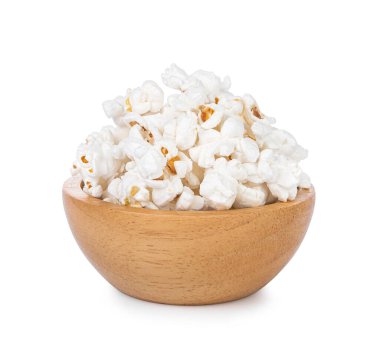 Popcorn in wooden cup bowl on white background