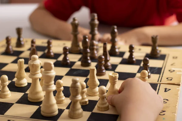 Kids Hand Holding Rook Make Step Chess Concept — Stockfoto