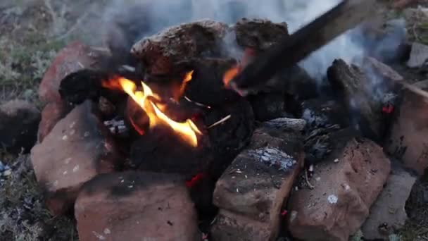 Birisi Kömürde Patates Pişiriyor — Stok video