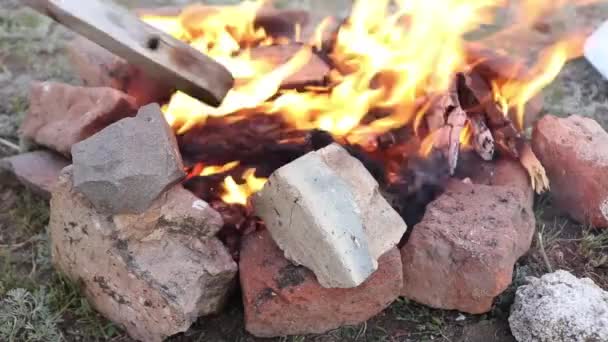 Baking Meat Bonfire Close — Vídeo de Stock