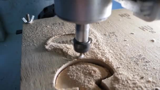 Cnc Machine Cuts Precise Contour Mushroom Wood Sharp Cutter — Stock Video