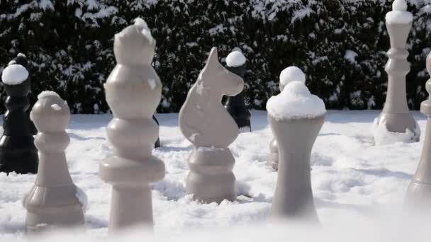 Снежок Попадает Шахматную Фигуру Игры Открытом Воздухе Хорошие Шахматы Игры — стоковое видео