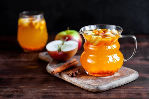 Hot Winter Tea Buckthorn Apples Cinnamon Dark Wooden Table — Stock Photo, Image