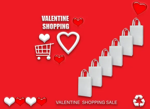 Walentynkowe Torby Eco Szczęśliwych Walentynek Zakupy Torebki Wyprzedaż Baner Sercem — Zdjęcie stockowe
